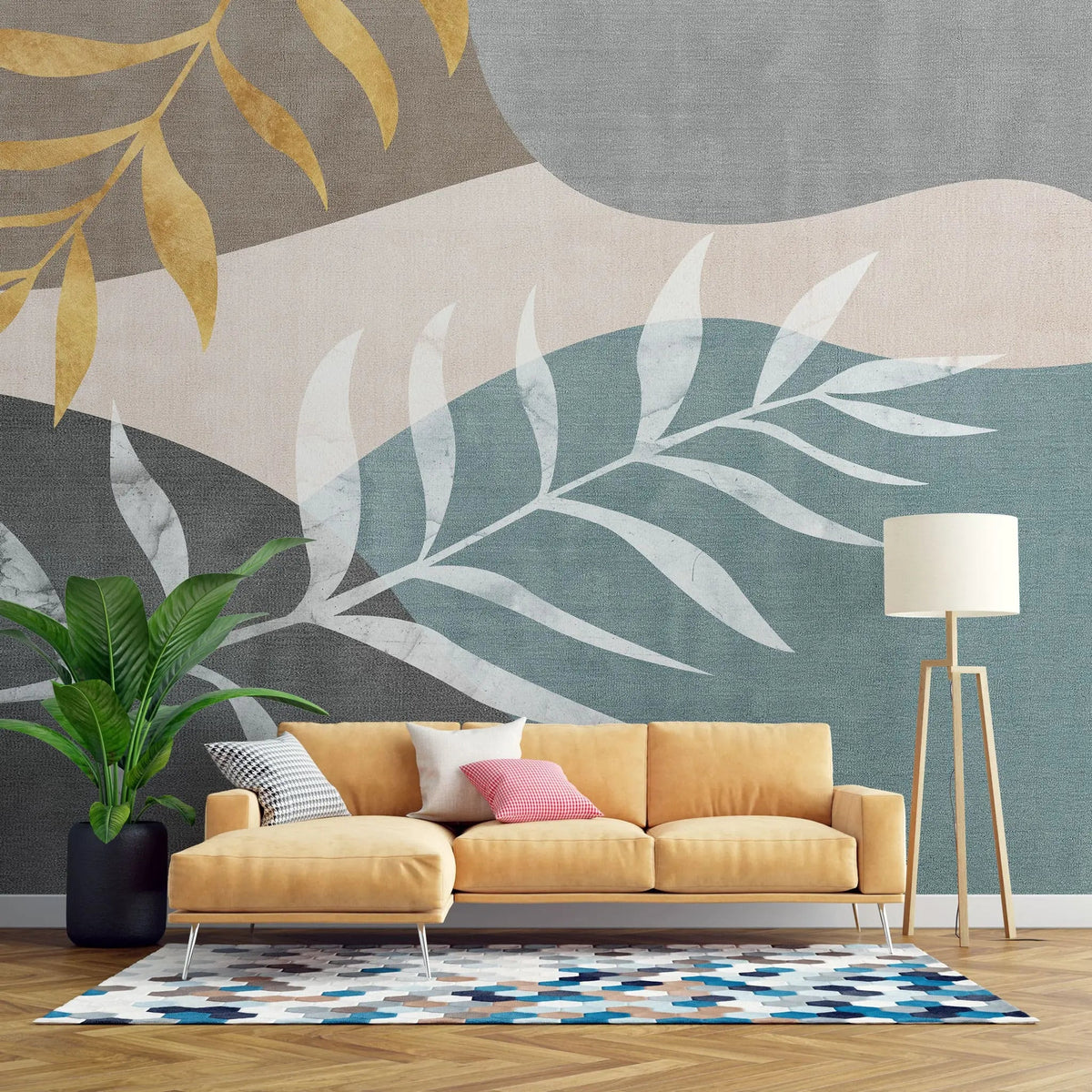 Tapet personalizat bohemian cu valuri de culoare abstracte in nuante deschise si frunze wave leaves light