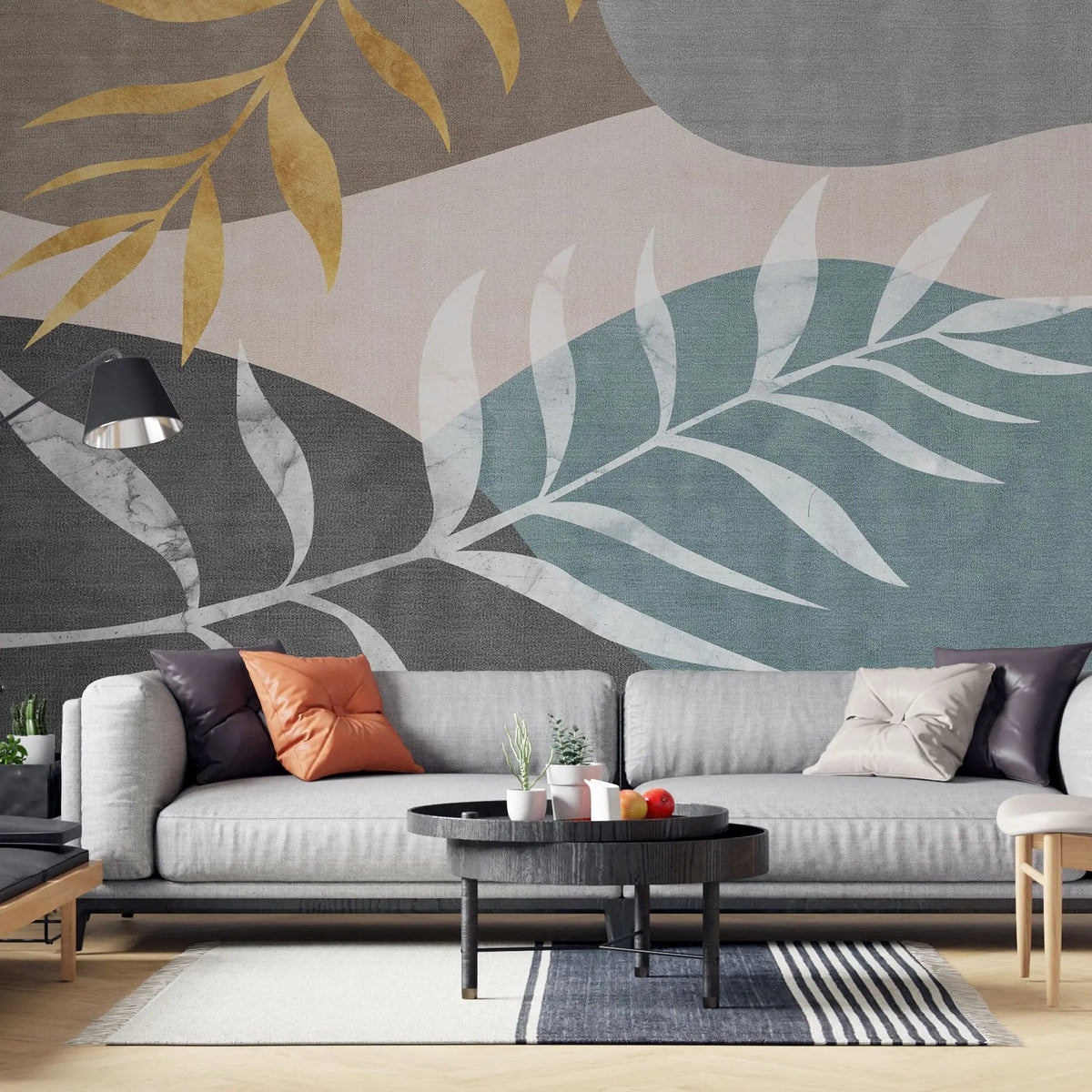 Tapet personalizat bohemian cu valuri de culoare abstracte in nuante deschise si frunze wave leaves light