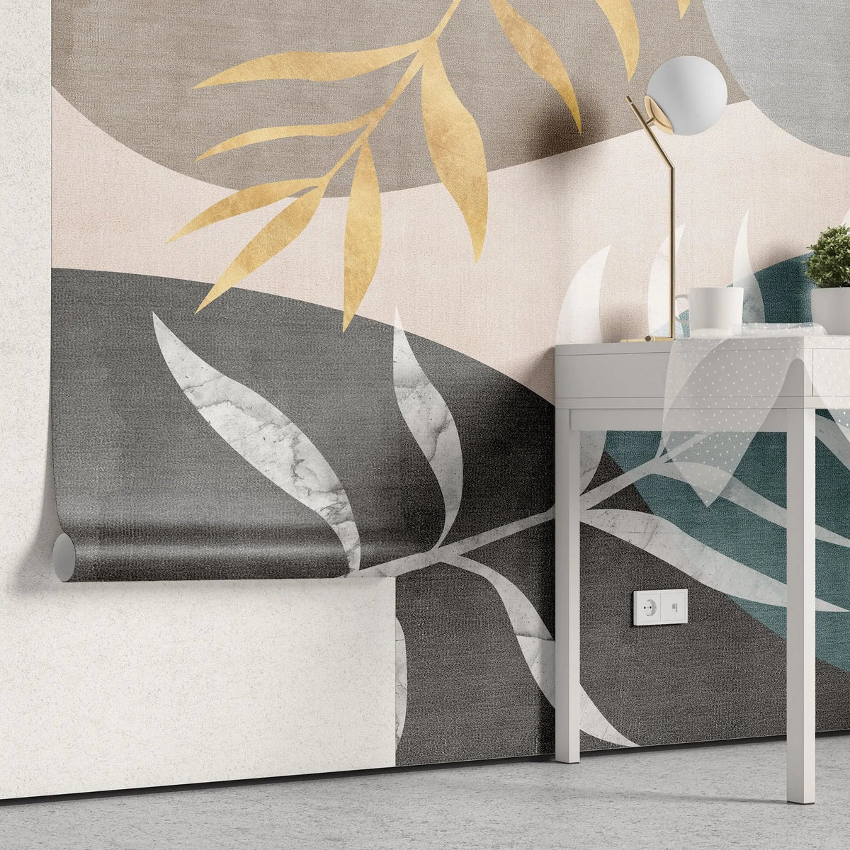 Tapet personalizat bohemian cu valuri de culoare abstracte in nuante deschise si frunze wave leaves light