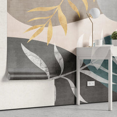 Tapet personalizat bohemian cu valuri de culoare abstracte in nuante deschise si frunze wave leaves light