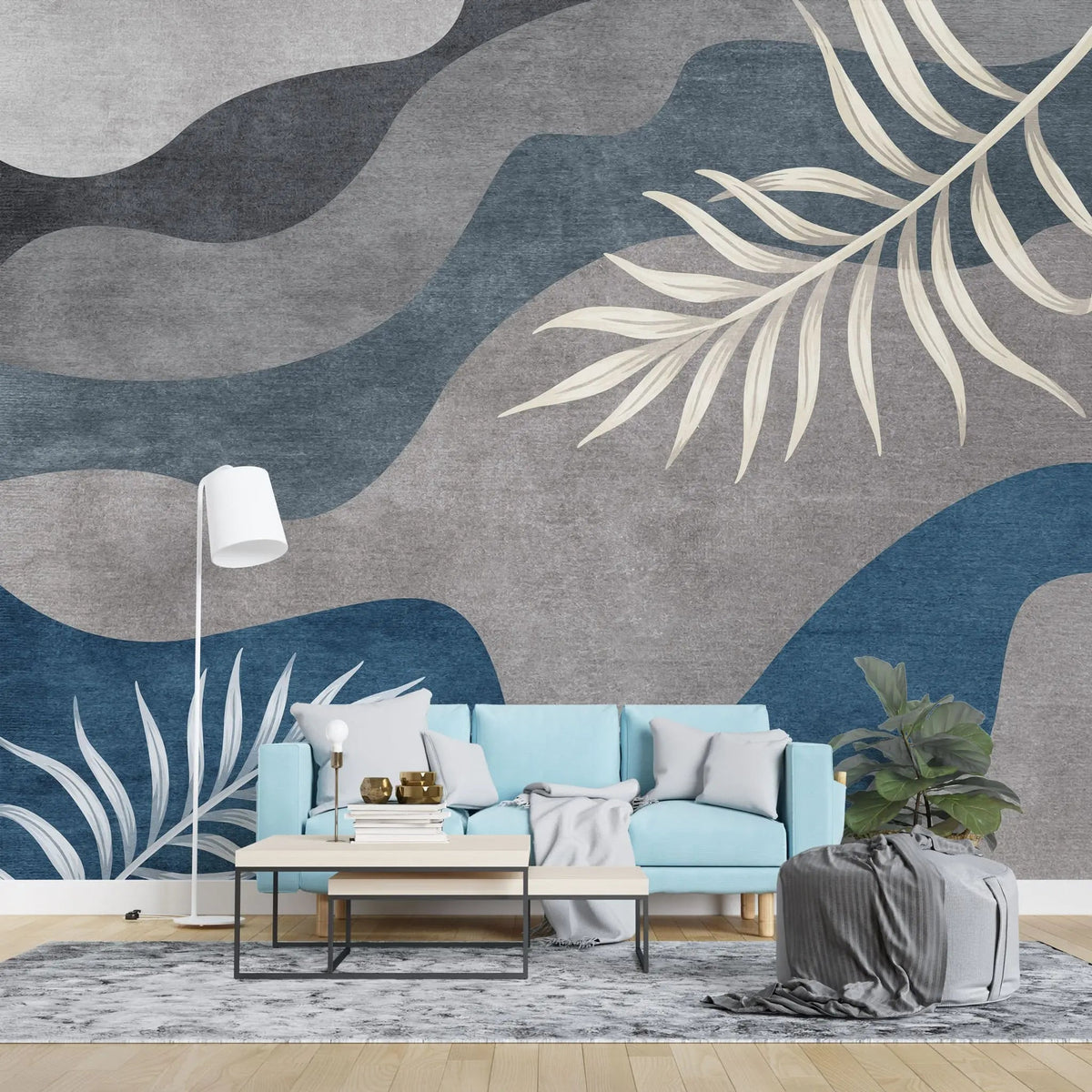 Tapet personalizat bohemian cu valuri de culoare abstracte in nuante inchise si frunze wave leaves blue