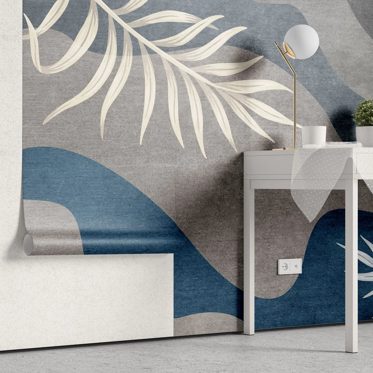 Tapet personalizat bohemian cu valuri de culoare abstracte in nuante inchise si frunze wave leaves blue