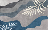 Tapet personalizat bohemian cu valuri de culoare abstracte in nuante inchise si frunze wave leaves blue