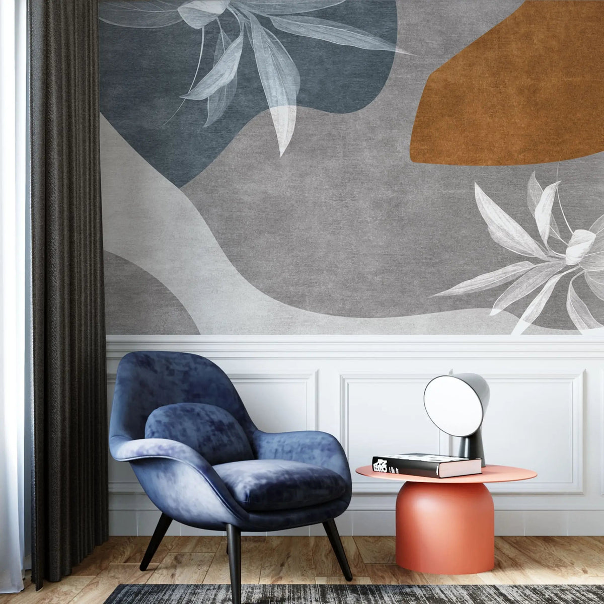 Tapet personalizat bohemian cu elemente abstracte in stil boho in nuante de gri si caramiziu bohemian grey
