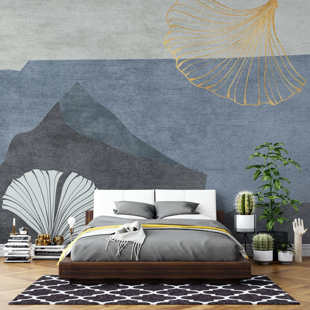 Tapet personalizat bohemian cu frunze de ginko biloba aurii si albe si munti ginko mountain