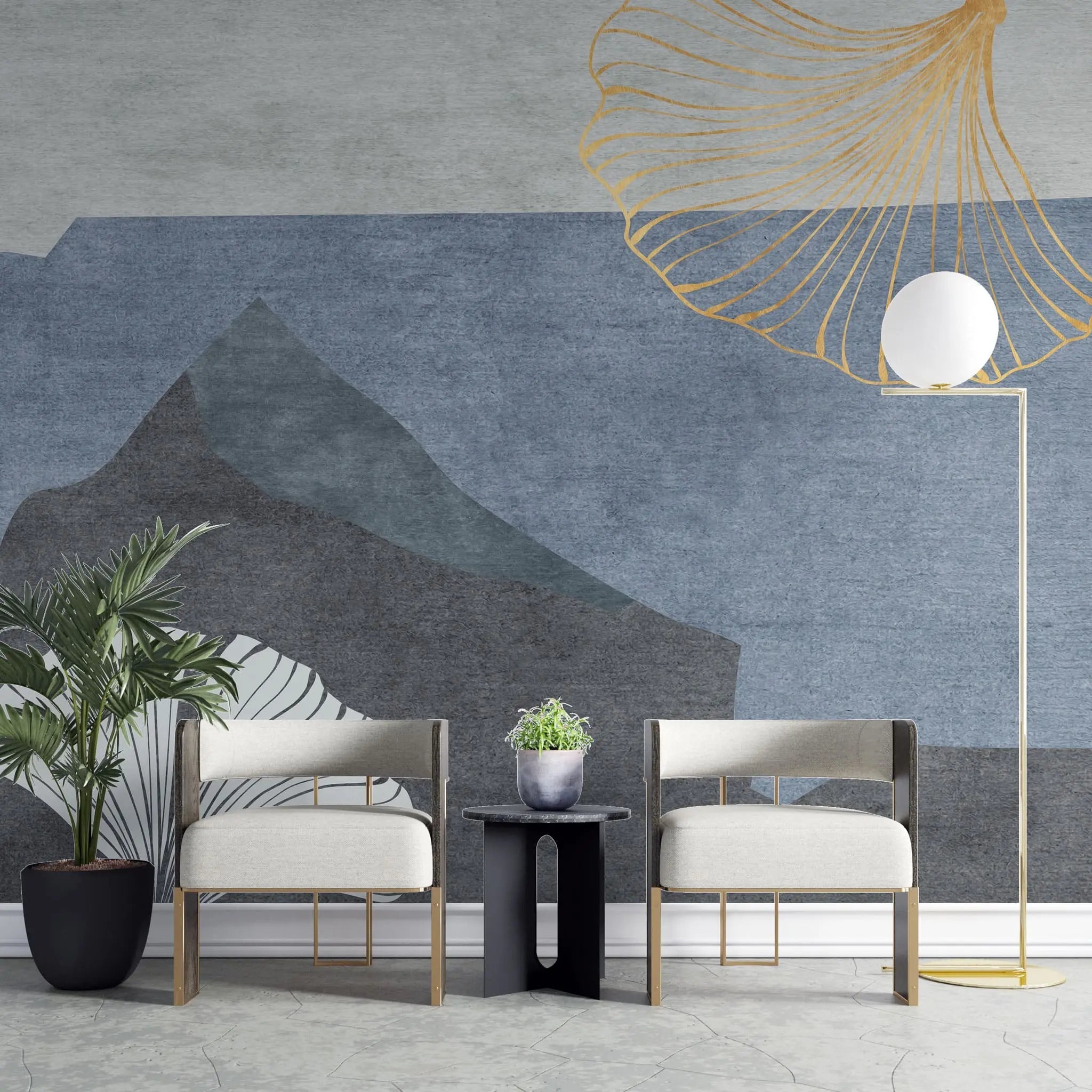 Tapet personalizat bohemian cu frunze de ginko biloba aurii si albe si munti ginko mountain