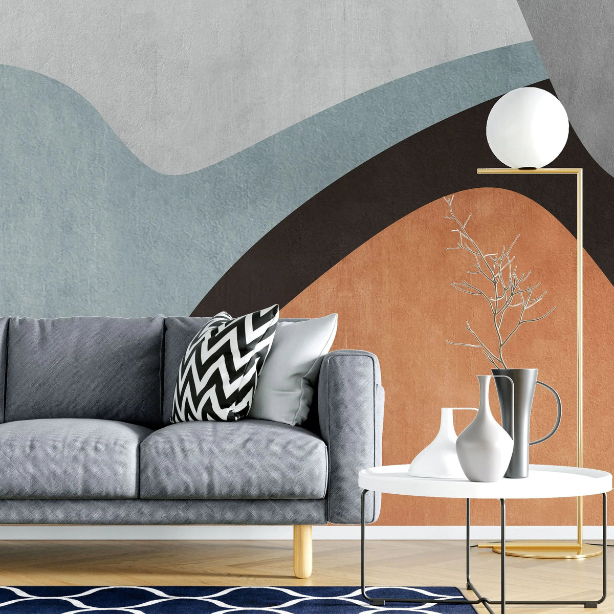 Tapet personalizat bohemian cu elemente abstracte in stil boho in nuante de albastru si portocaliu boho orange
