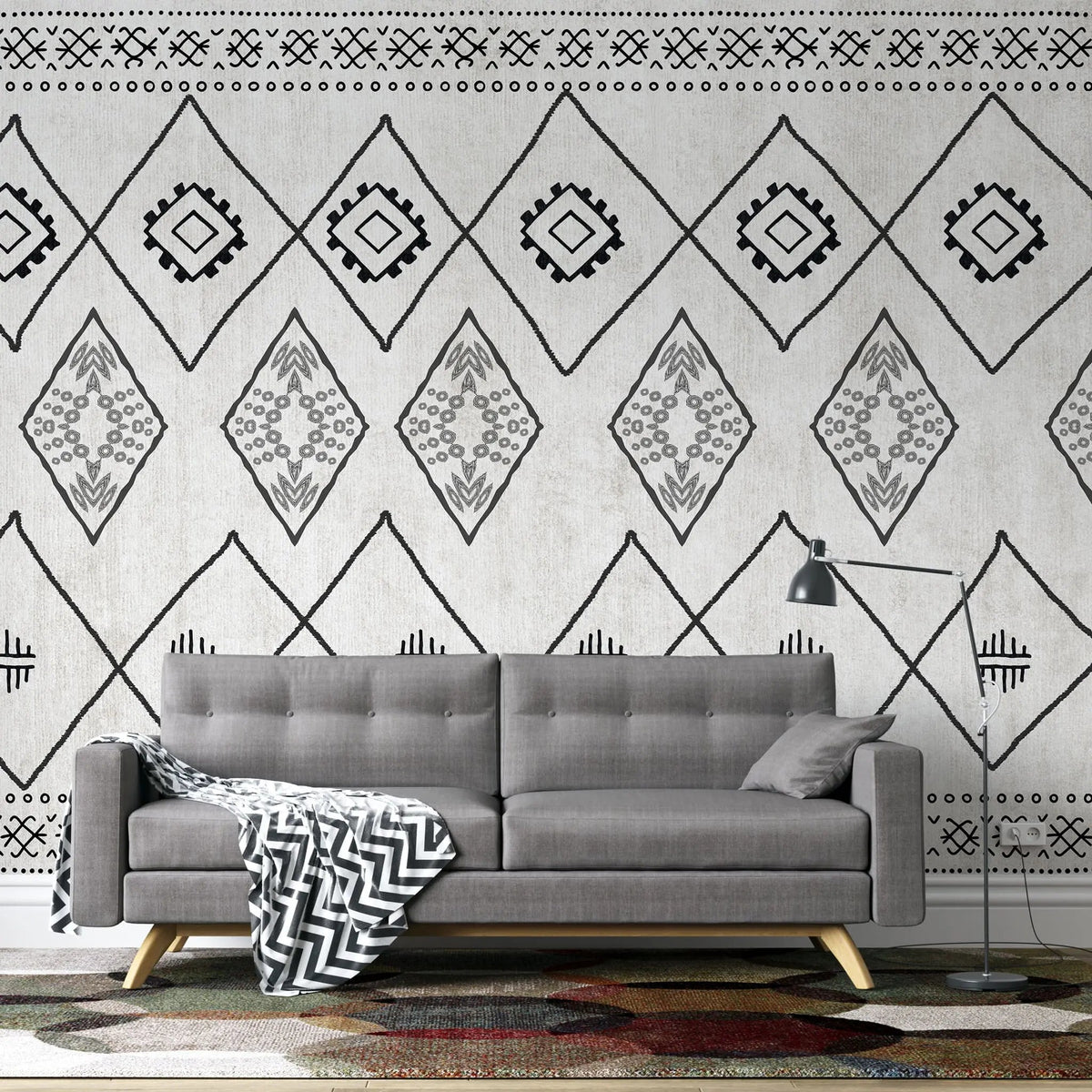 Tapet personalizat bohemian cu elemente in stil aztec in alb negru black&white aztec