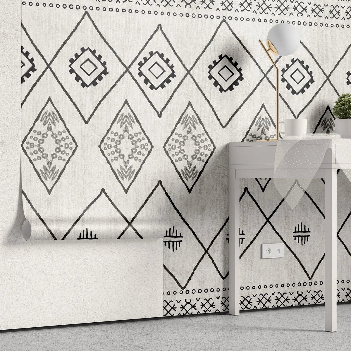 Tapet personalizat bohemian cu elemente in stil aztec in alb negru black&white aztec