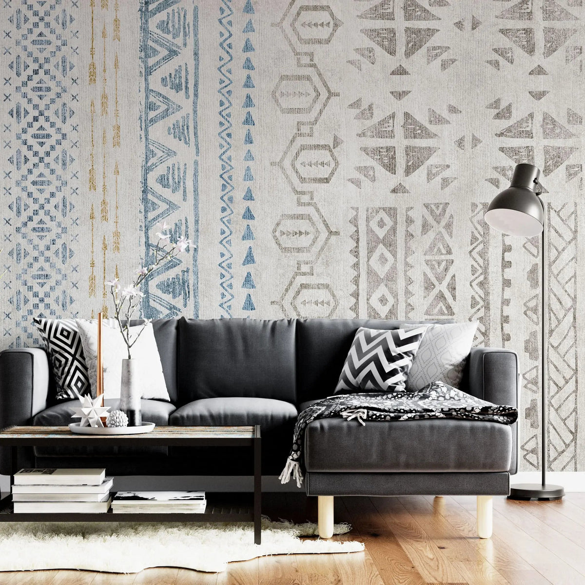 Tapet personalizat bohemian cu elemente tribale in nuante de albastru blue tribal 