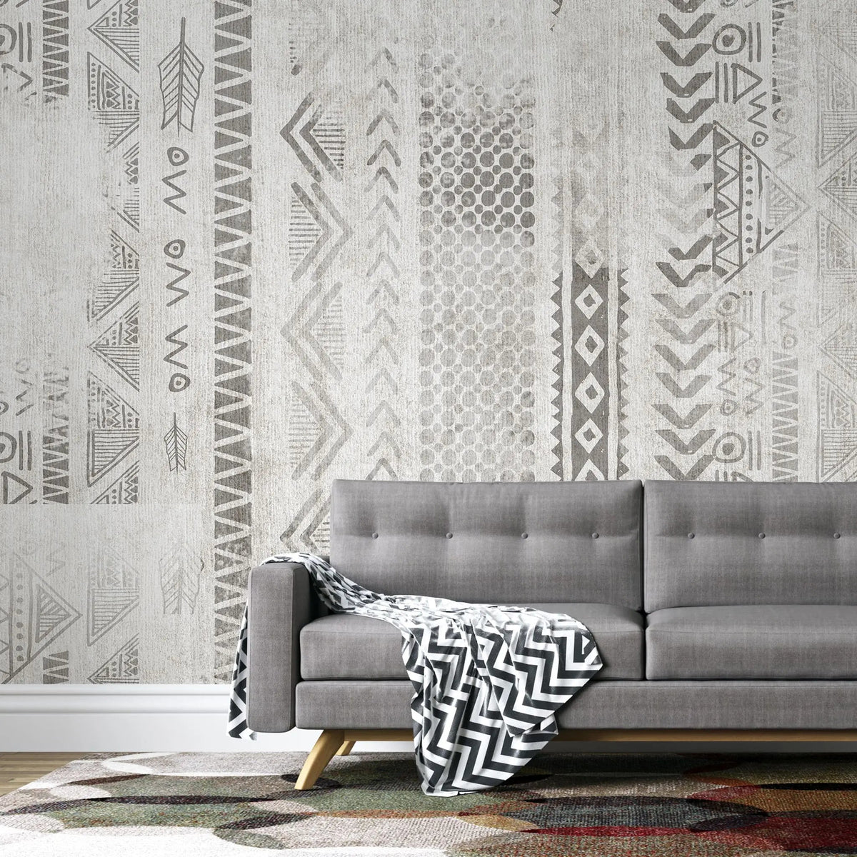 Tapet personalizat bohemian cu elemente tribale in nuante de gri grey tribal
