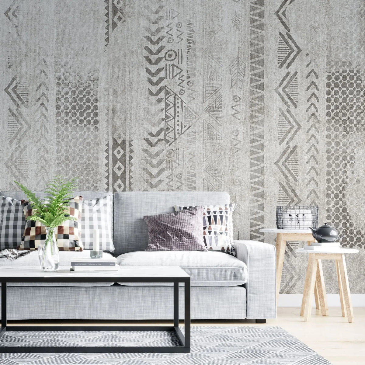 Tapet personalizat bohemian cu elemente tribale in nuante de gri grey tribal