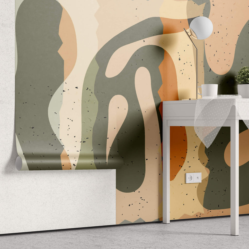 Tapet personalizat Bohemian cu elemente abstracte in nuante de portocaliu si verde kaki - BOHO SCULPTURAL