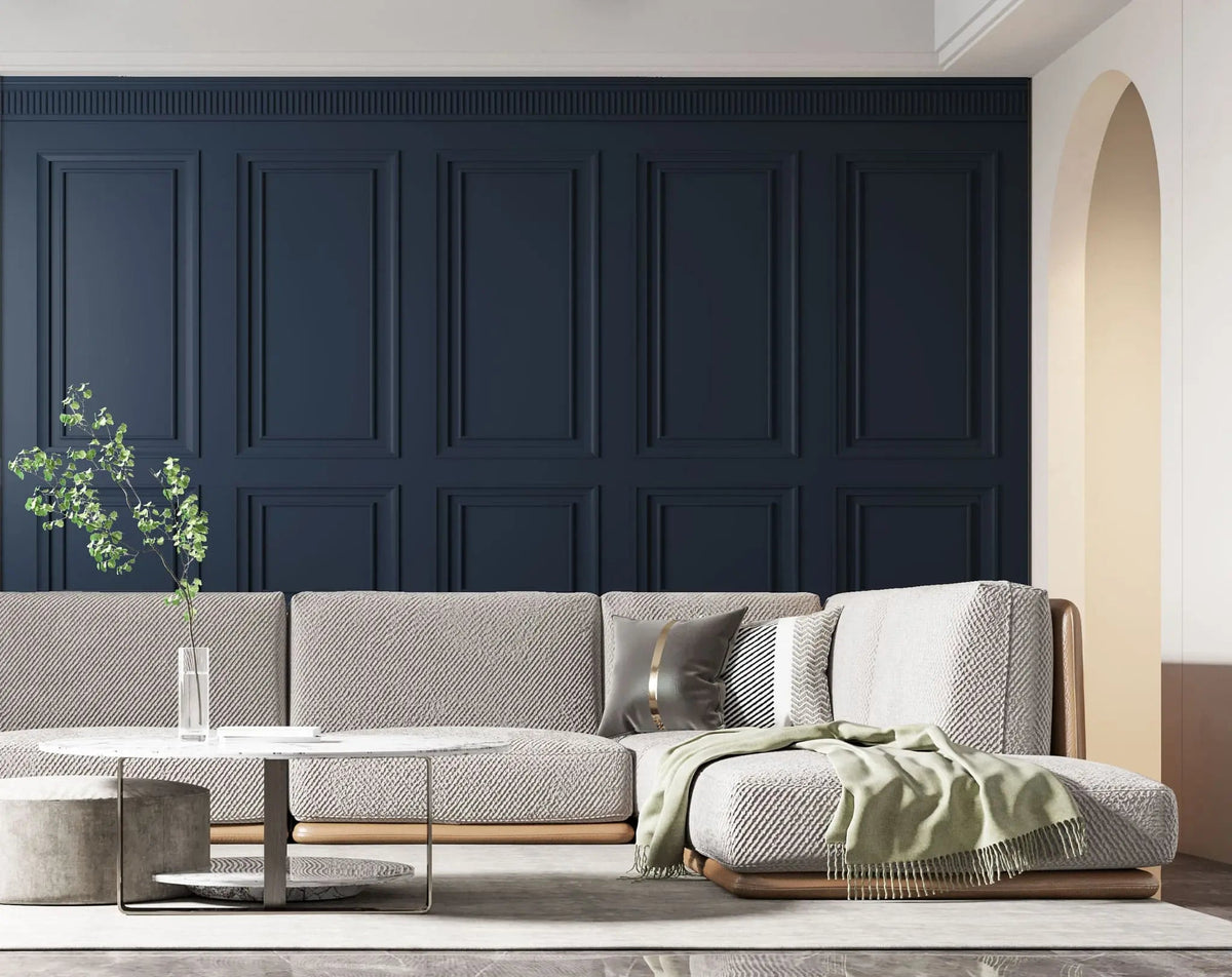 Tapet personalizat arhitectural walls cu ancadramente de perete in nuante de albastru inchis deep dark blue