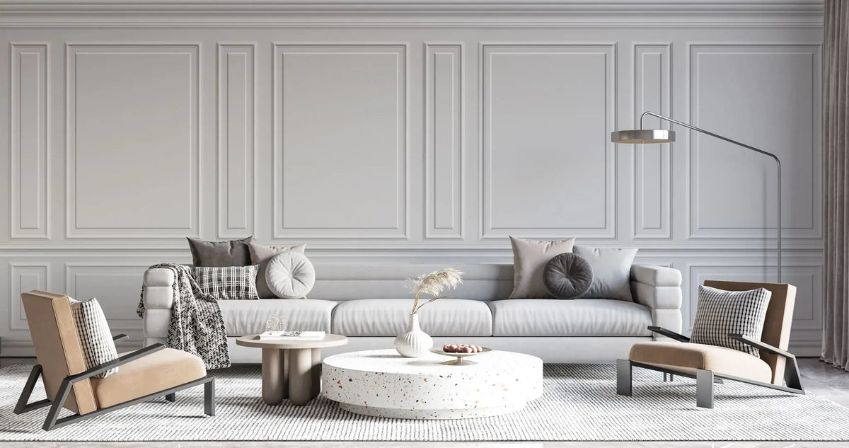Tapet personalizat arhitectural walls cu ancadramente de perete albe clasice white deco