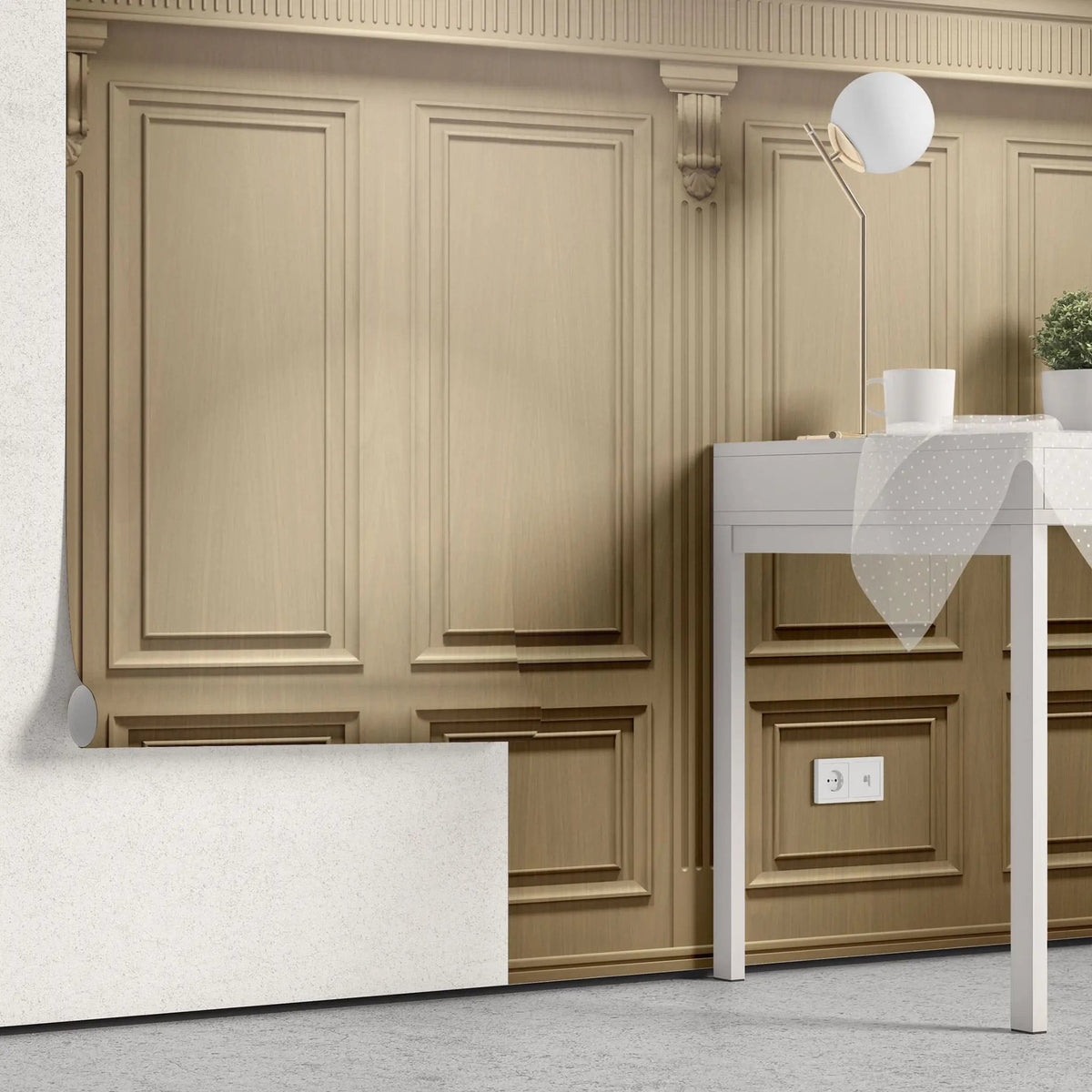 Tapet personalizat arhitectural walls cu ancadramente de perete bej cu accente de lumini spotlight