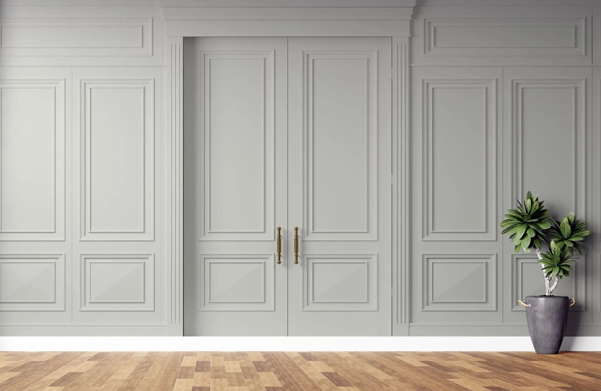 Tapet personalizat arhitectural walls cu ancadramente de perete si usi in nuante de gri deschis light grey doors