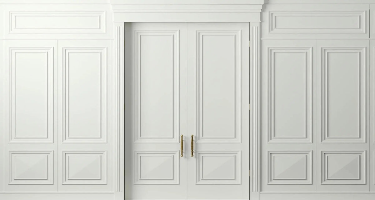Tapet personalizat arhitectural walls cu ancadramente de perete si usi in nuante de gri deschis light grey doors