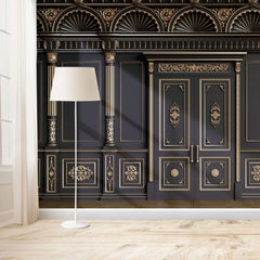 Tapet personalizat arhitectural walls cu ancadramente de perete cu usi si coloane in nunate de negru cu accente aurii golden black