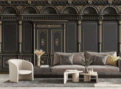 Tapet personalizat arhitectural walls cu ancadramente de perete cu usi si coloane in nunate de negru cu accente aurii golden black