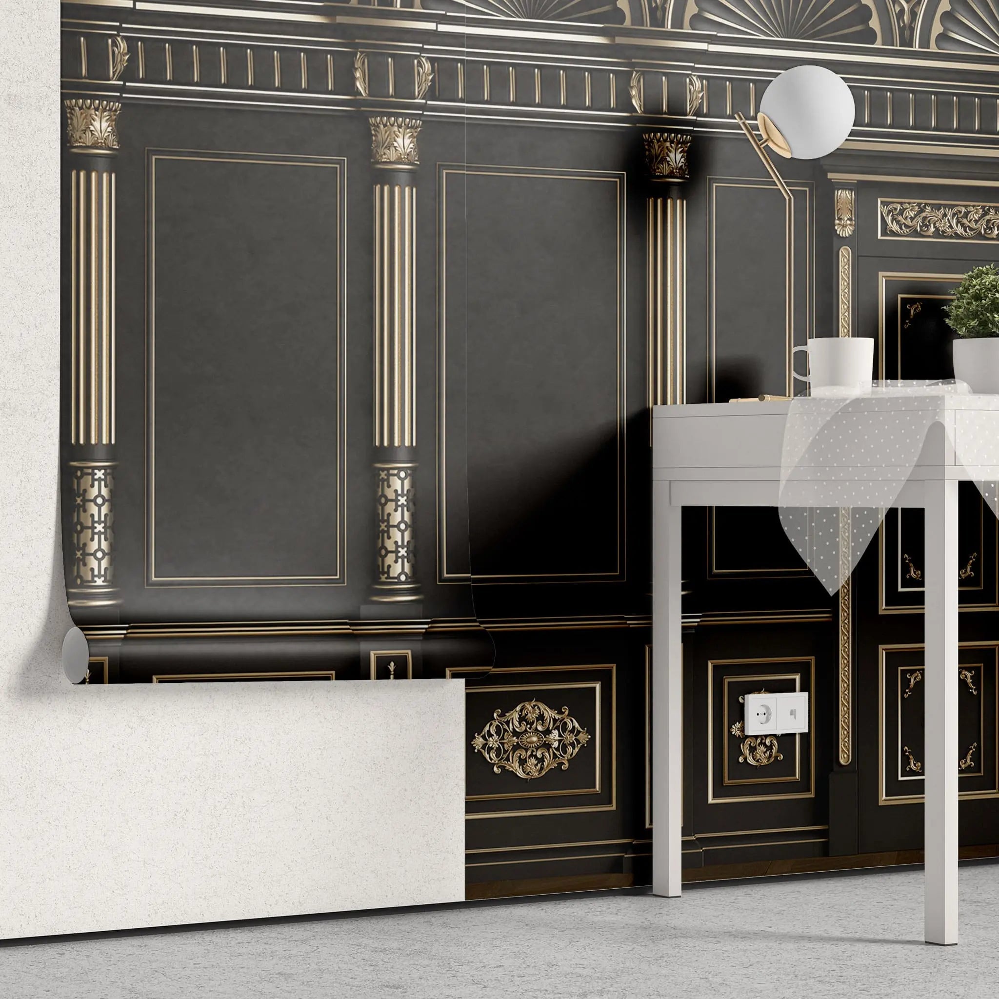 Tapet personalizat arhitectural walls cu ancadramente de perete cu usi si coloane in nunate de negru cu accente aurii golden black