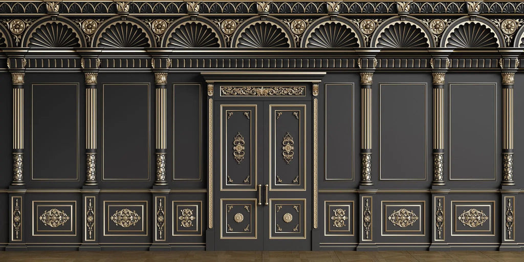 Tapet personalizat arhitectural walls cu ancadramente de perete cu usi si coloane in nunate de negru cu accente aurii golden black