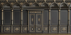 Tapet personalizat arhitectural walls cu ancadramente de perete cu usi si coloane in nunate de negru cu accente aurii golden black