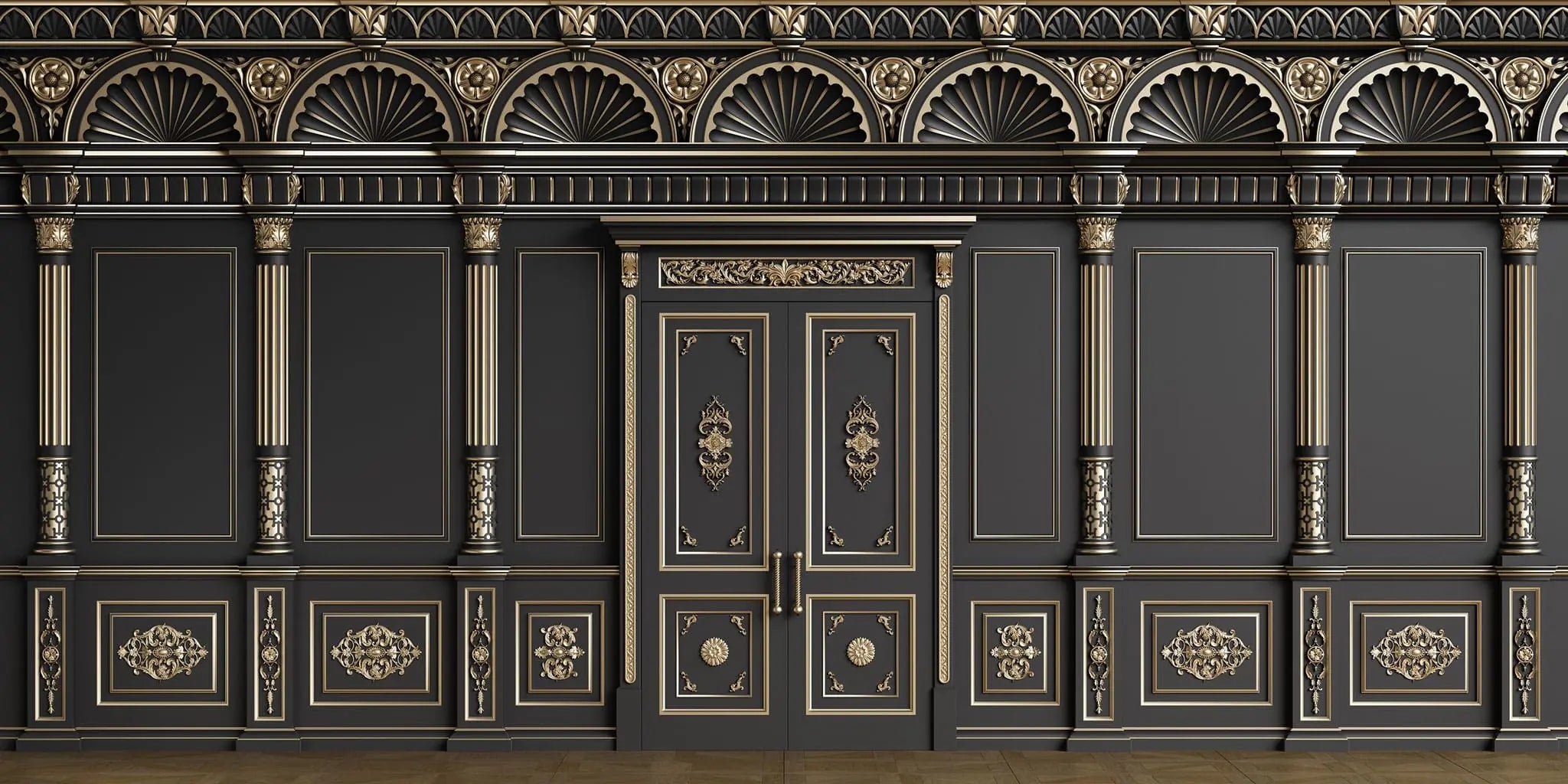 Tapet personalizat arhitectural walls cu ancadramente de perete cu usi si coloane in nunate de negru cu accente aurii golden black