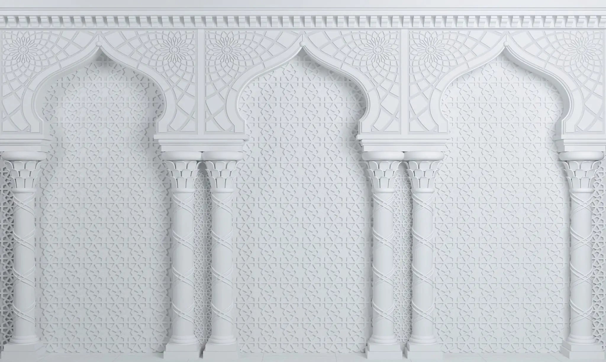 Tapet personalizat arhitectural walls cu arabescuri albe marocane white arabesque