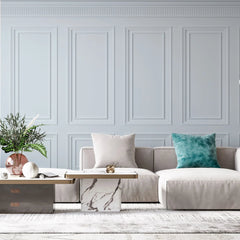Tapet personalizat arhitectural walls cu ancadramente de perete in nuante de albastru deschis baby blue