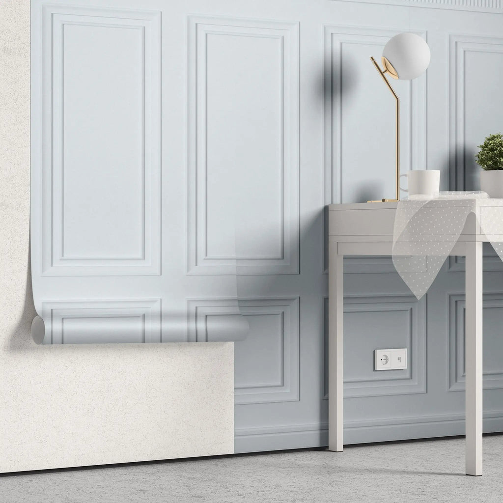 Tapet personalizat arhitectural walls cu ancadramente de perete in nuante de albastru deschis baby blue