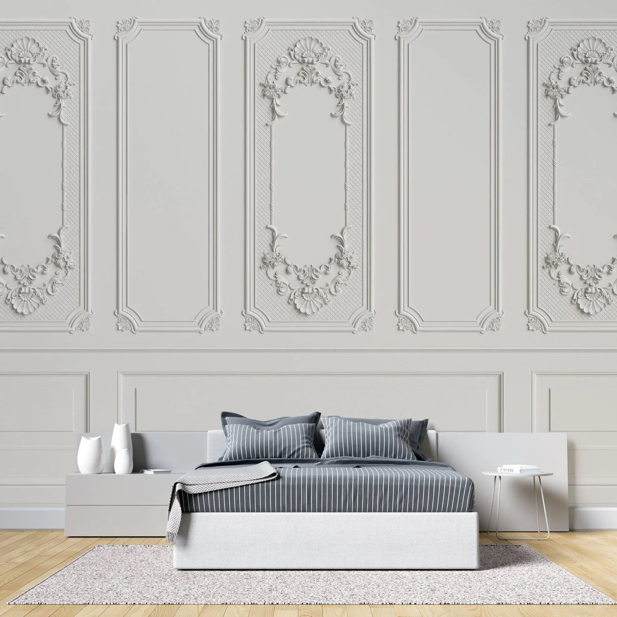 Tapet personalizat architectutral walls cu ancadramente albe si rame de oglinzi white mirror