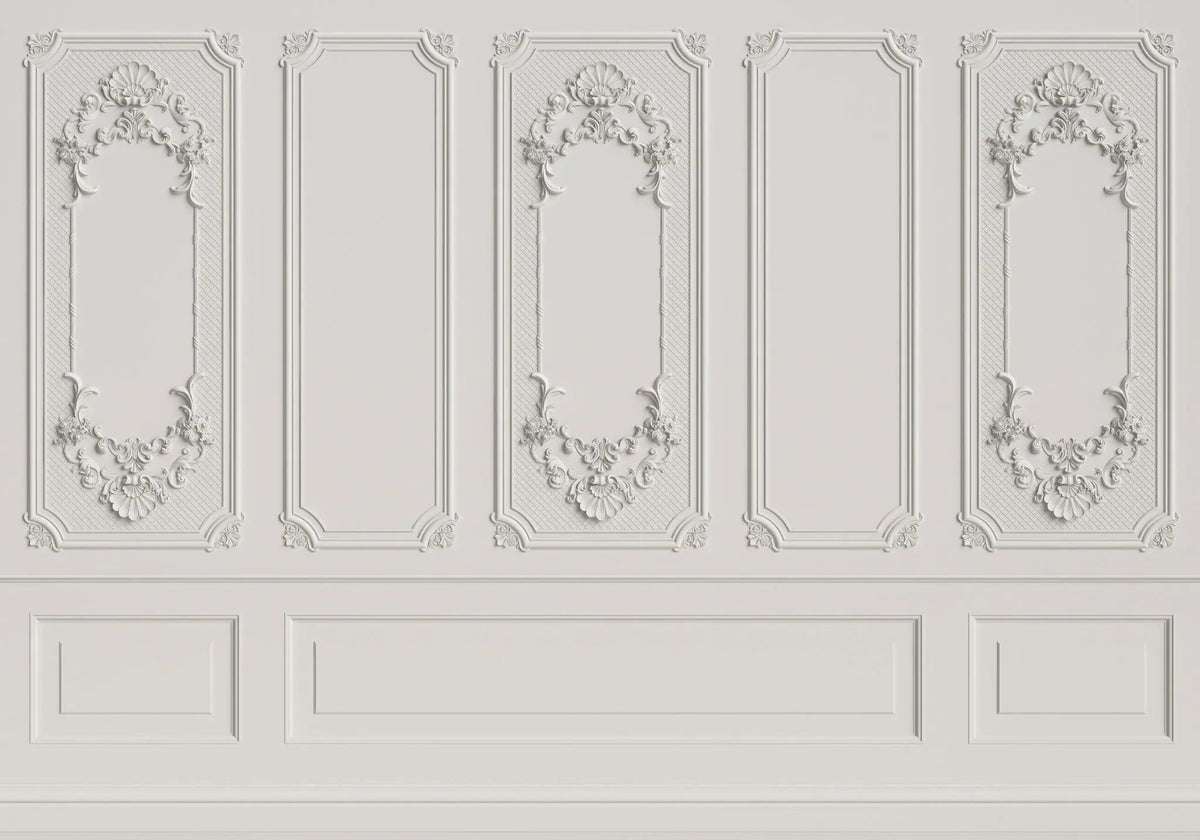 Tapet personalizat architectutral walls cu ancadramente albe si rame de oglinzi white mirror