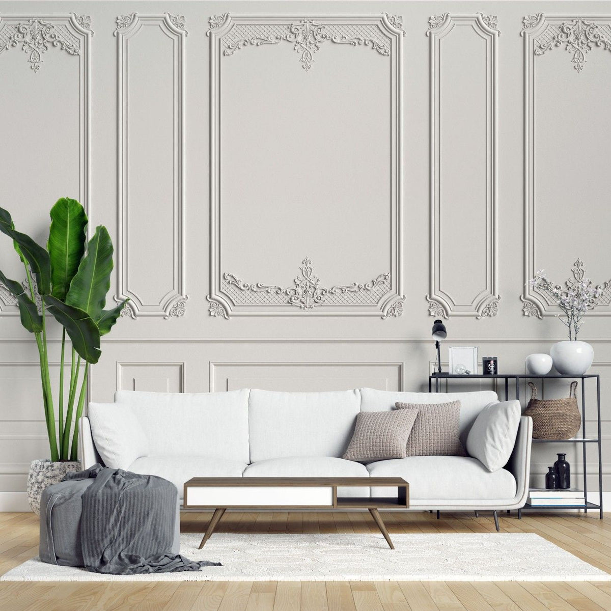 Tapet personalizat arhitectural walls lambriu elegant clasic rafinament spatiu atmosfera luminoasa atemporala white wainscot