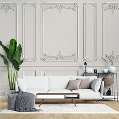 Tapet personalizat arhitectural walls lambriu elegant clasic rafinament spatiu atmosfera luminoasa atemporala white wainscot