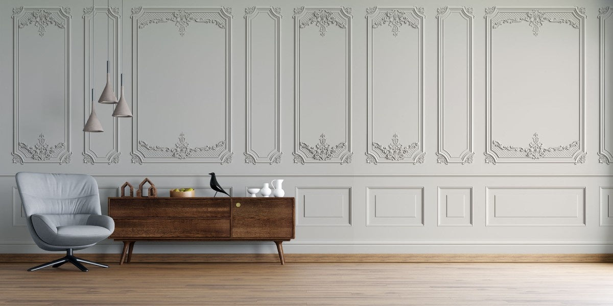 Tapet personalizat arhitectural walls lambriu elegant clasic rafinament spatiu atmosfera luminoasa atemporala white wainscot