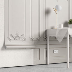 Tapet personalizat arhitectural walls lambriu elegant clasic rafinament spatiu atmosfera luminoasa atemporala white wainscot