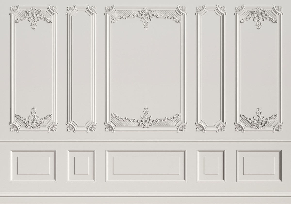 Tapet personalizat arhitectural walls lambriu elegant clasic rafinament spatiu atmosfera luminoasa atemporala white wainscot
