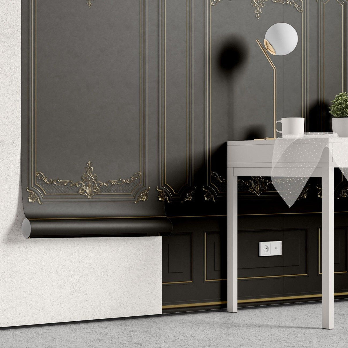 Tapet personalizat arhitectural walls design rafinat nuante negru aspect sofisticat modern profunzime stil incapere refined black