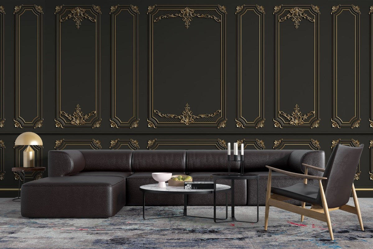 Tapet personalizat arhitectural walls boiserie regala intunecata mister eleganta luxurianta spatiu atmosfera dramatica impunatoare dark royal boiserie