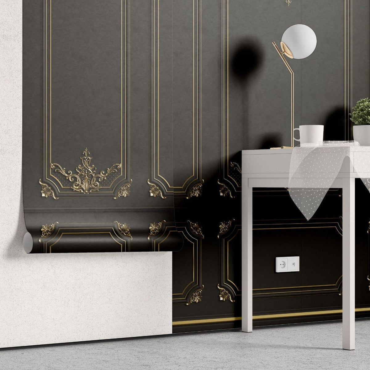 Tapet personalizat arhitectural walls boiserie regala intunecata mister eleganta luxurianta spatiu atmosfera dramatica impunatoare dark royal boiserie