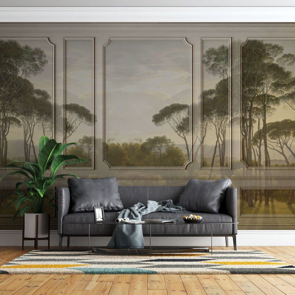 Fototapet personalizat arhitectural walls lambriu stil safari eleganta elemente inspirate natura exotica ambient indraznet aventura cadru clasicist safari wainscot