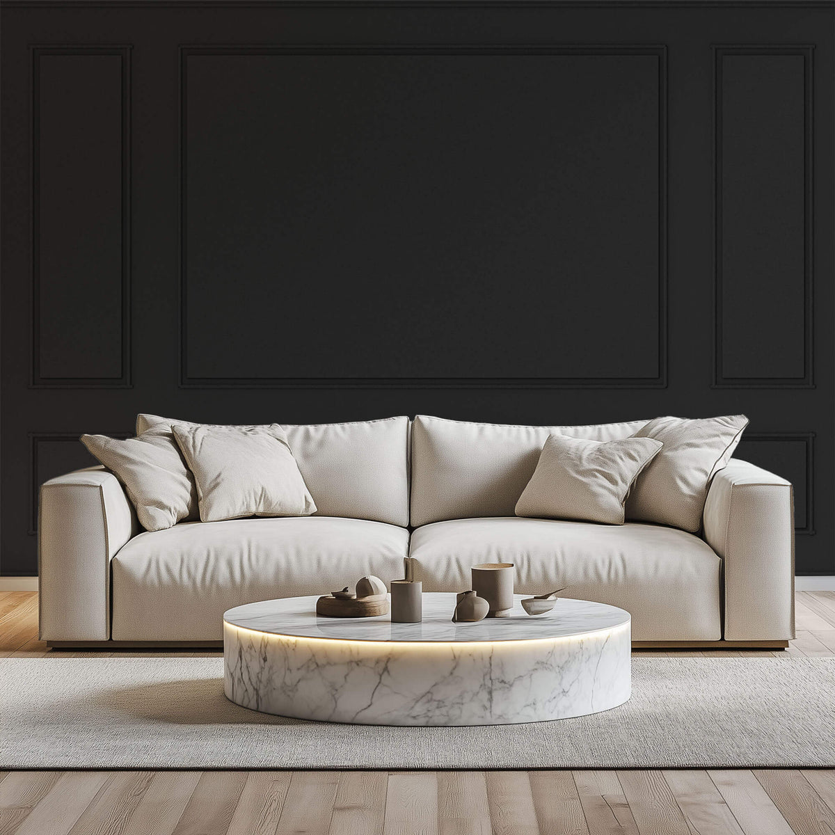Tapet personalizat Architectural Walls cu panouri decorative din lemn in nuante de negru - DARK GREY WAINSCOT