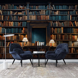 Tapet personalizat Architectural Walls cu bibilioteca cu carti vechi si lampi aprinse cu lumina difuza - BOOKSHELF