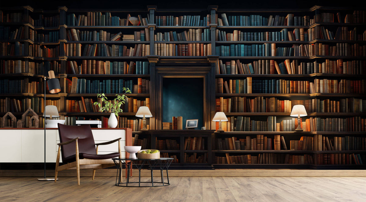 Tapet personalizat Architectural Walls cu bibilioteca cu carti vechi si lampi aprinse cu lumina difuza - BOOKSHELF