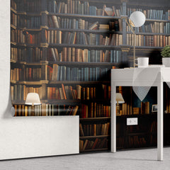 Tapet personalizat Architectural Walls cu bibilioteca cu carti vechi si lampi aprinse cu lumina difuza - BOOKSHELF