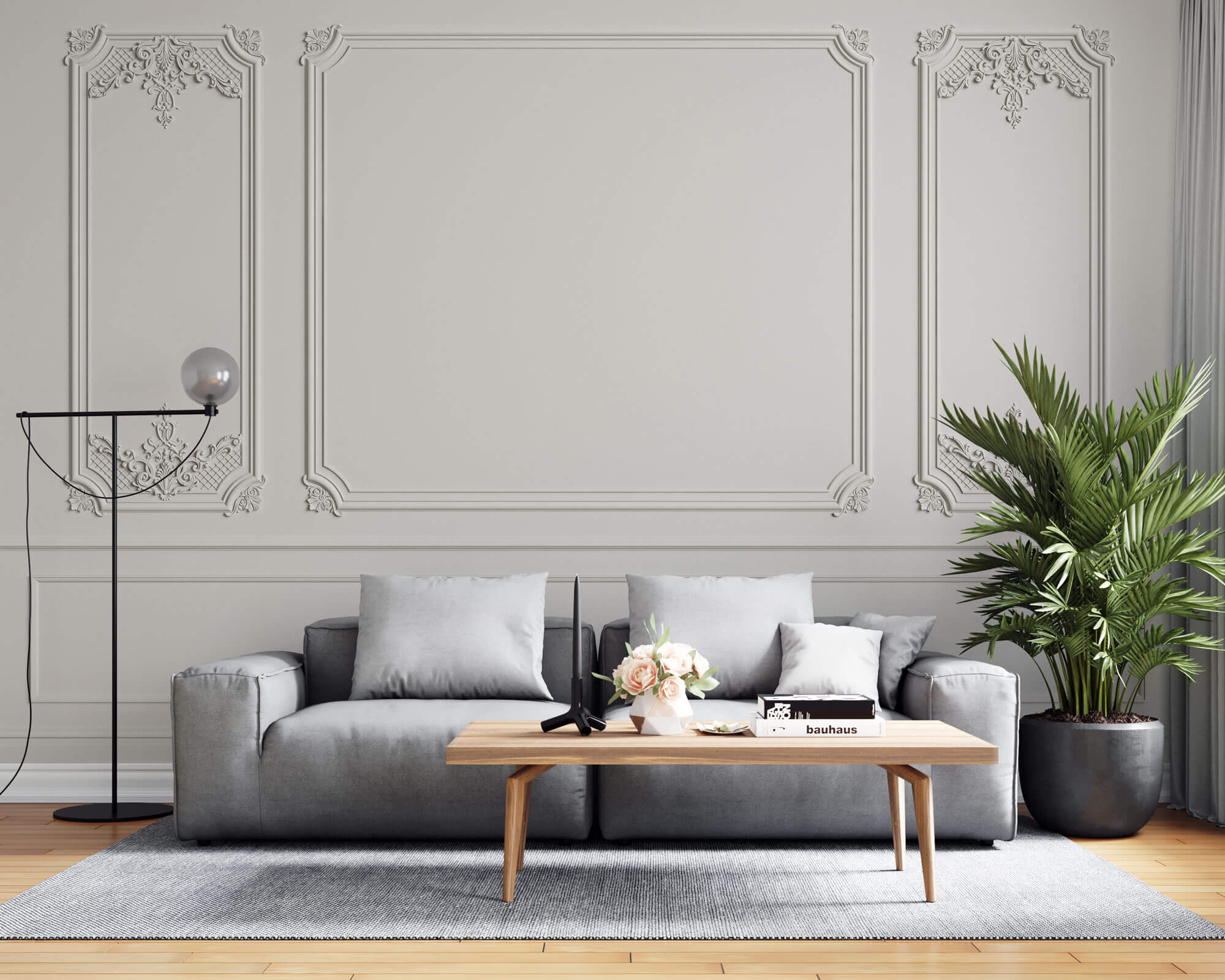 Tapet personalizat Architectural Walls cu panouri si baghete decorative in nuante de alb - WIDE WHITE BOISERIE
