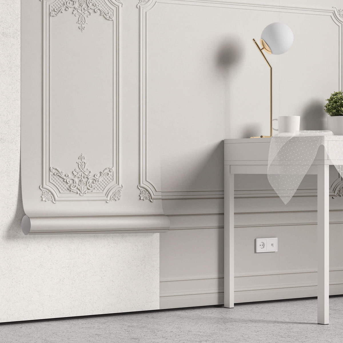 Tapet personalizat Architectural Walls cu panouri si baghete decorative in nuante de alb - WIDE WHITE BOISERIE