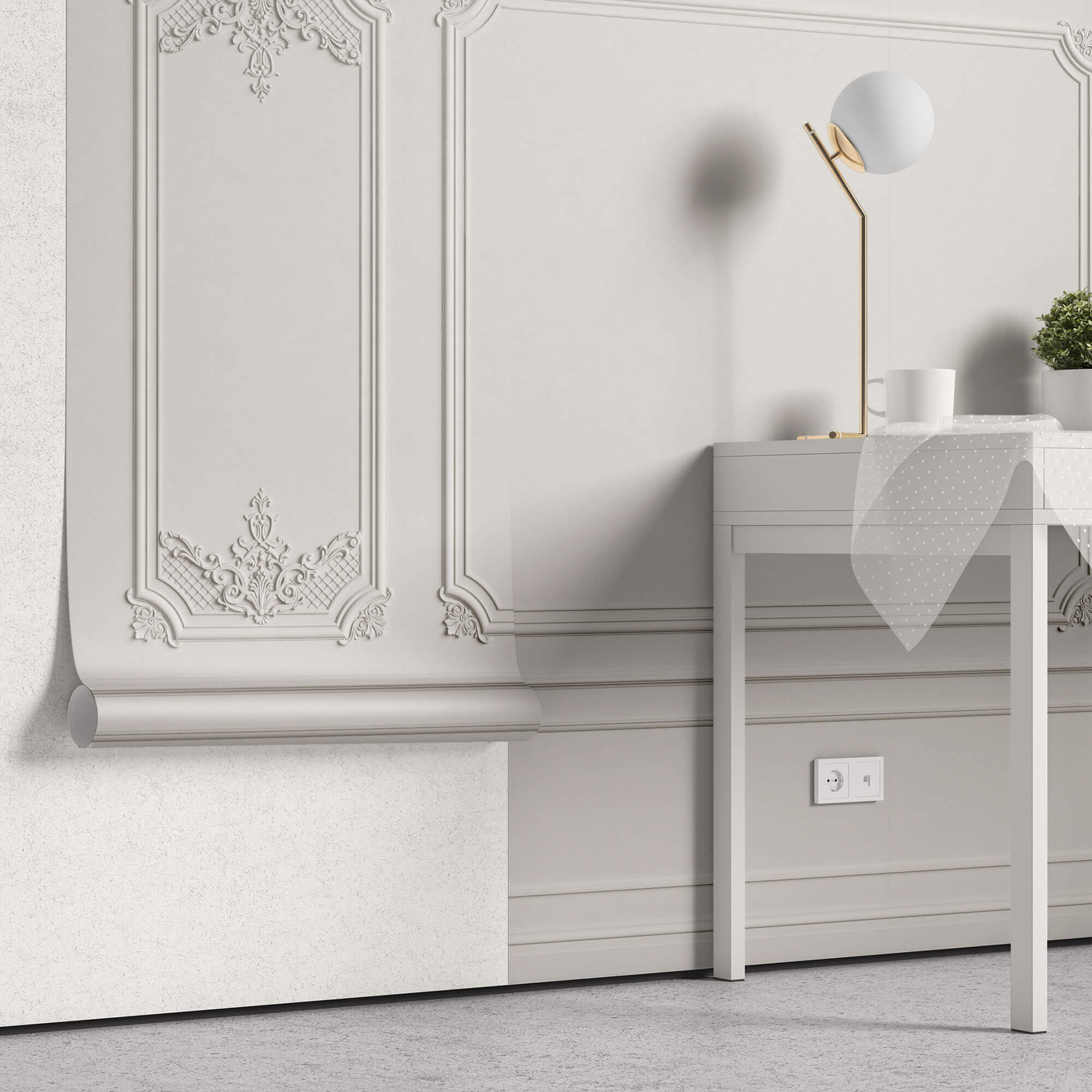 Tapet personalizat Architectural Walls cu panouri si baghete decorative in nuante de alb - WIDE WHITE BOISERIE
