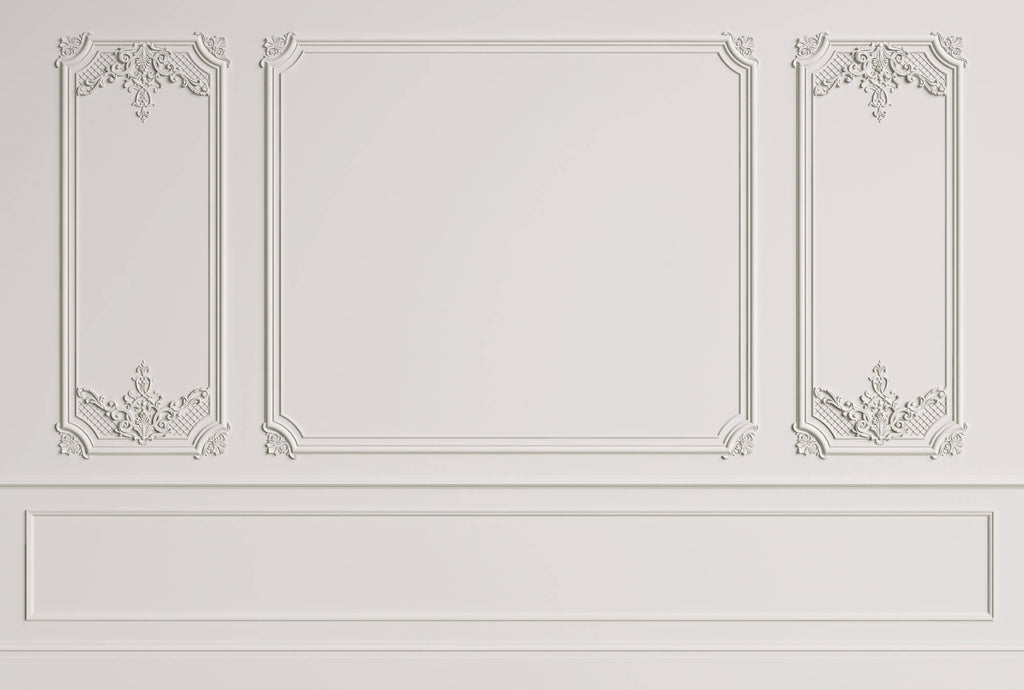 Tapet personalizat Architectural Walls cu panouri si baghete decorative in nuante de alb - WIDE WHITE BOISERIE